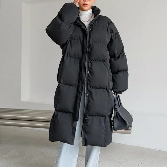 Black Casual Womens Drop Shoulder Slant Pockets Puffer Coat - Picture 4 of 6